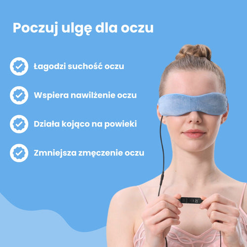 Kobieta w niebieskiej masce MediMask. Grafika przedstawia zalety: łagodzi suchość oczu, wspiera nawilżenie oczu, działa kojąco na powieki i zmniejsza zmęczenie oczu.