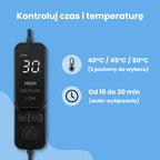 Kontroler USB do podgrzewanej maski na oczy pokazujący ustawienia czasu od 10 do 30 minut oraz 3 poziomy temperatury: 40, 45 i 50 stopni Celsjusza.