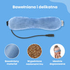 Maska rozgrzewająca podgrzewana MediMask z wyróżnieniem cech: bawełniany materiał, wypełnienie nasionami lnu oraz idealne dopasowanie.