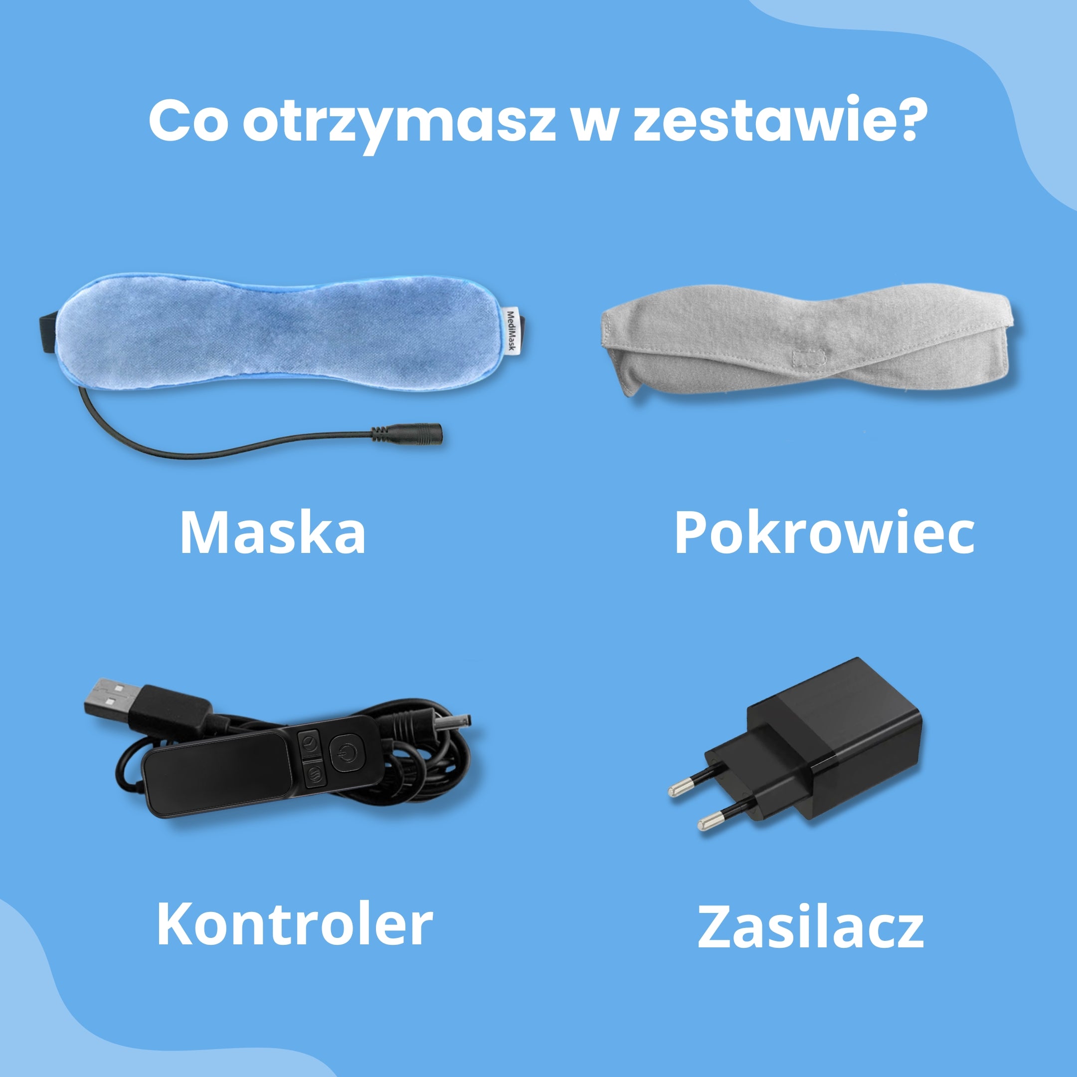 Elementy zestawu MediMask: niebieska podgrzewana maska na oczy, szary pokrowiec, kontroler kabel USB oraz czarny zasilacz sieciowy.