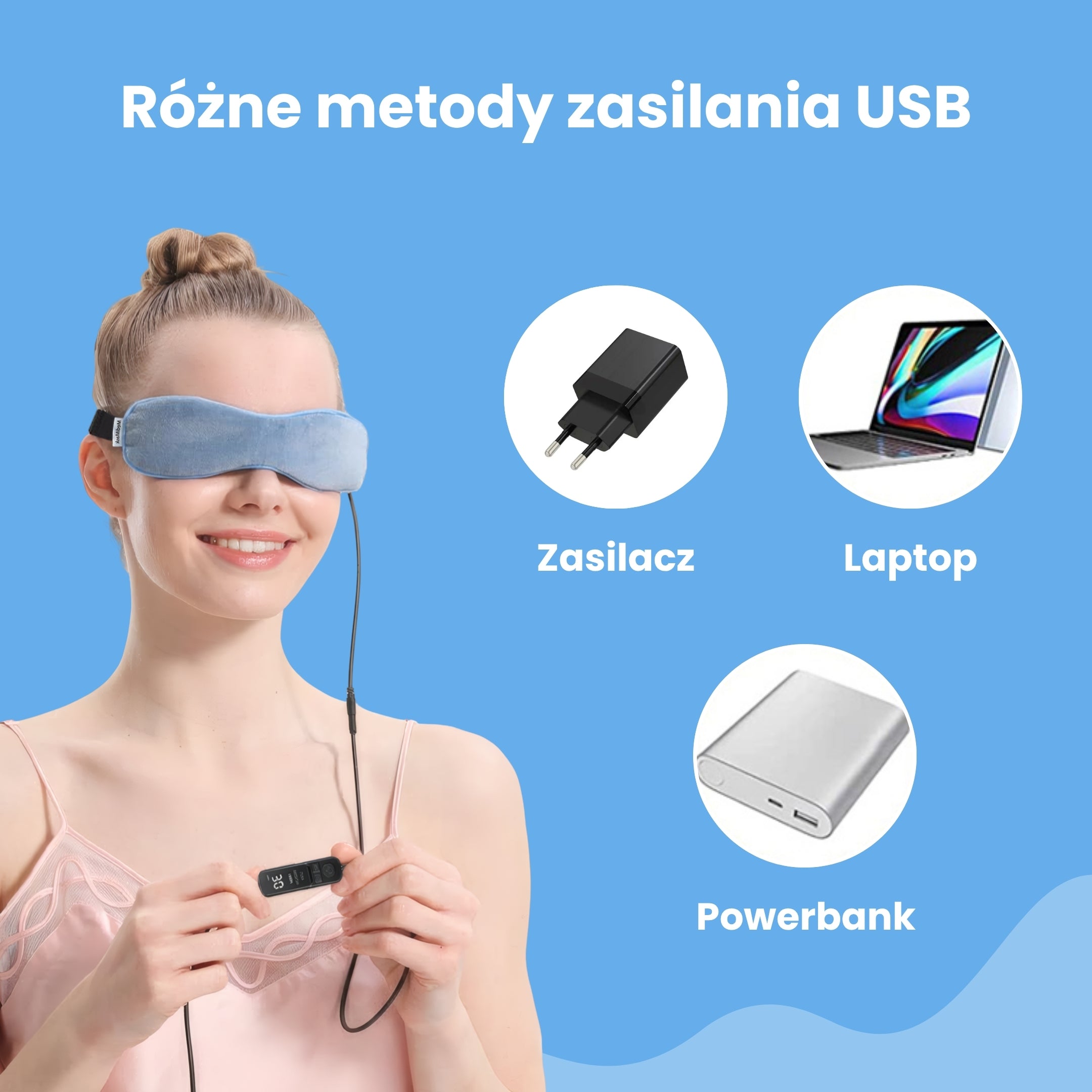 Kobieta korzystająca z maski rozgrzewającej USB MediMask z ikonami przedstawiającymi opcje zasilania: zasilacz sieciowy, laptop, powerbank.